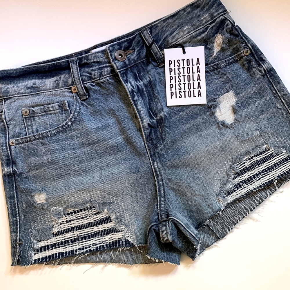 Pistola Denim Shorts Nova High Rise Relaxed Cut Off Patches